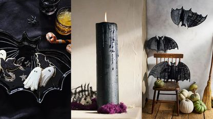 A threee panel image of last minute Anthropologie Halloween decor: a Francesca Kaye Halloween Magic Bat Platter; A Black Pillar Candle; and rattan bats