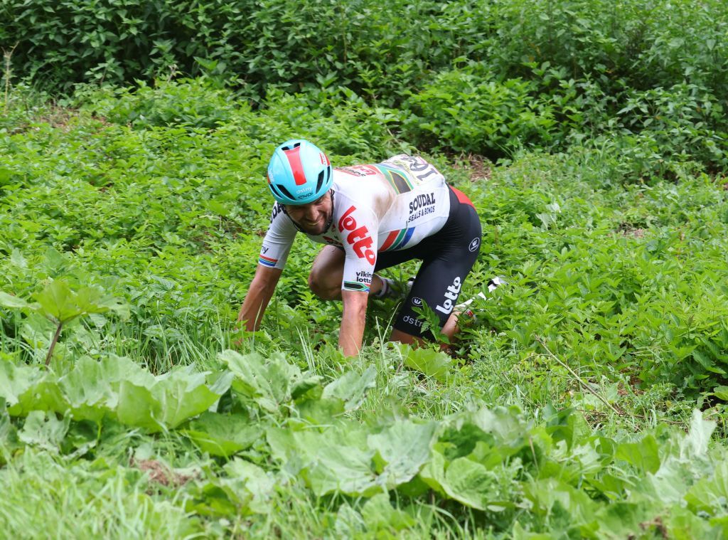 Lotto Soudal teams South African rider Reinardt Janse Van Rensburg suffers a crash in the final kilometers of the 6th stage of the 109th edition of the Tour de France cycling race 2199 km between Binche in Belgium and Longwy in northern France on July 7 2022 Photo by Etienne GARNIER POOL AFP Photo by ETIENNE GARNIERPOOLAFP via Getty Images