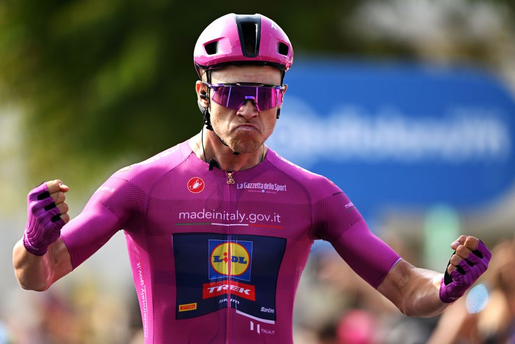 FRANCAVILLA AL MARE ITALY MAY 15 Jonathan Milan of Italy and Team Lidl Trek Purple Points Jersey celebrates at finish line as stage winner during the 107th Giro dItalia 2024 Stage 11 a 207km stage from Foiano di val Fortore to Francavilla al mare UCIWT on May 15 2024 in Francavilla al mare Italy Photo by Tim de WaeleGetty Images