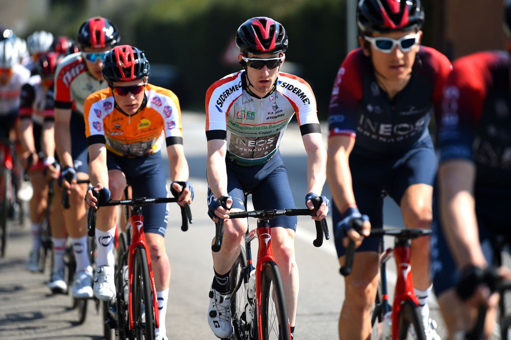 CANTAGRILLO ITALY MARCH 26 LR Ethan Hayter of United Kingdom Red Points Jersey Ben Tulett of United Kingdom Yellow Best Young Rider and Eddie Dunbar of Ireland and Team INEOS Grenadiers White Leader Jersey compete during the 36th Settimana Internazionale Coppi e Bartali 2022 Stage 5 a 160km stage from Casalguidi to Cantagrillo CoppieBartali on March 26 2022 in Cantagrillo Italy Photo by Dario BelingheriGetty Images