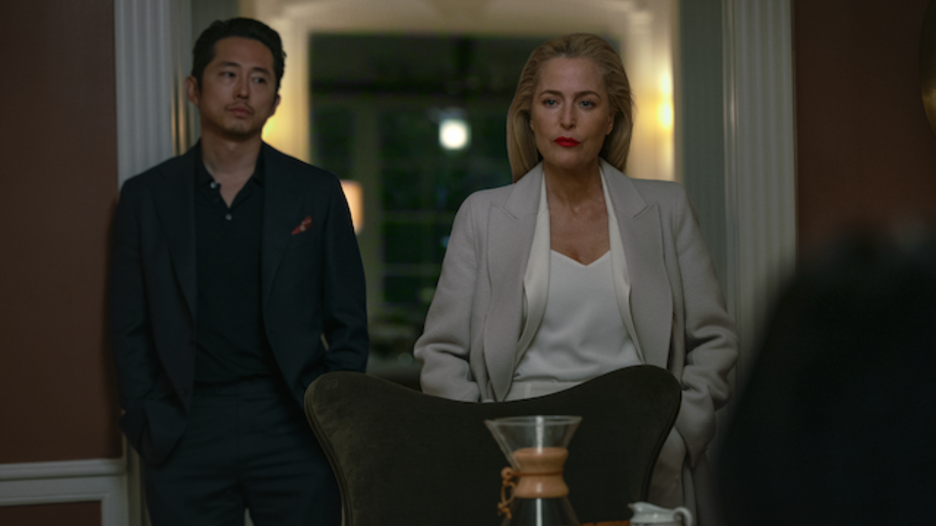 Steven Yeun as Sam and Gillian Anderson as Dayle in Animals