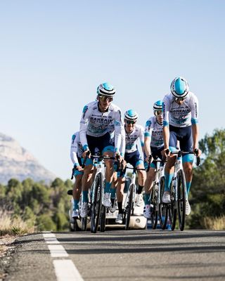 A group of riders from Bahrain Victorious riding in their newest kit