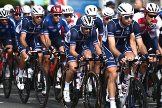 LEUVEN BELGIUM SEPTEMBER 26 Julian Alaphilippe of France with teammates competes during the 94th UCI Road World Championships 2021 Men Elite Road Race a 2683km race from Antwerp to Leuven flanders2021 on September 26 2021 in Leuven Belgium Photo by Alex Broadway PoolGetty Images