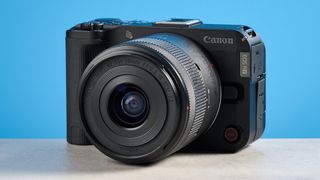 A black Canon EOS R50 V video-first camera