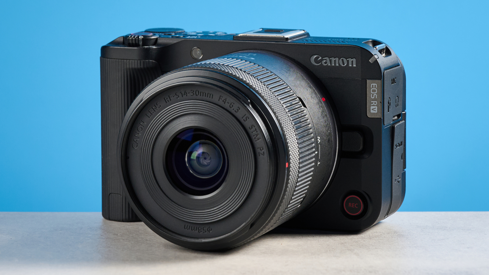 A black Canon EOS R50 V video-first camera