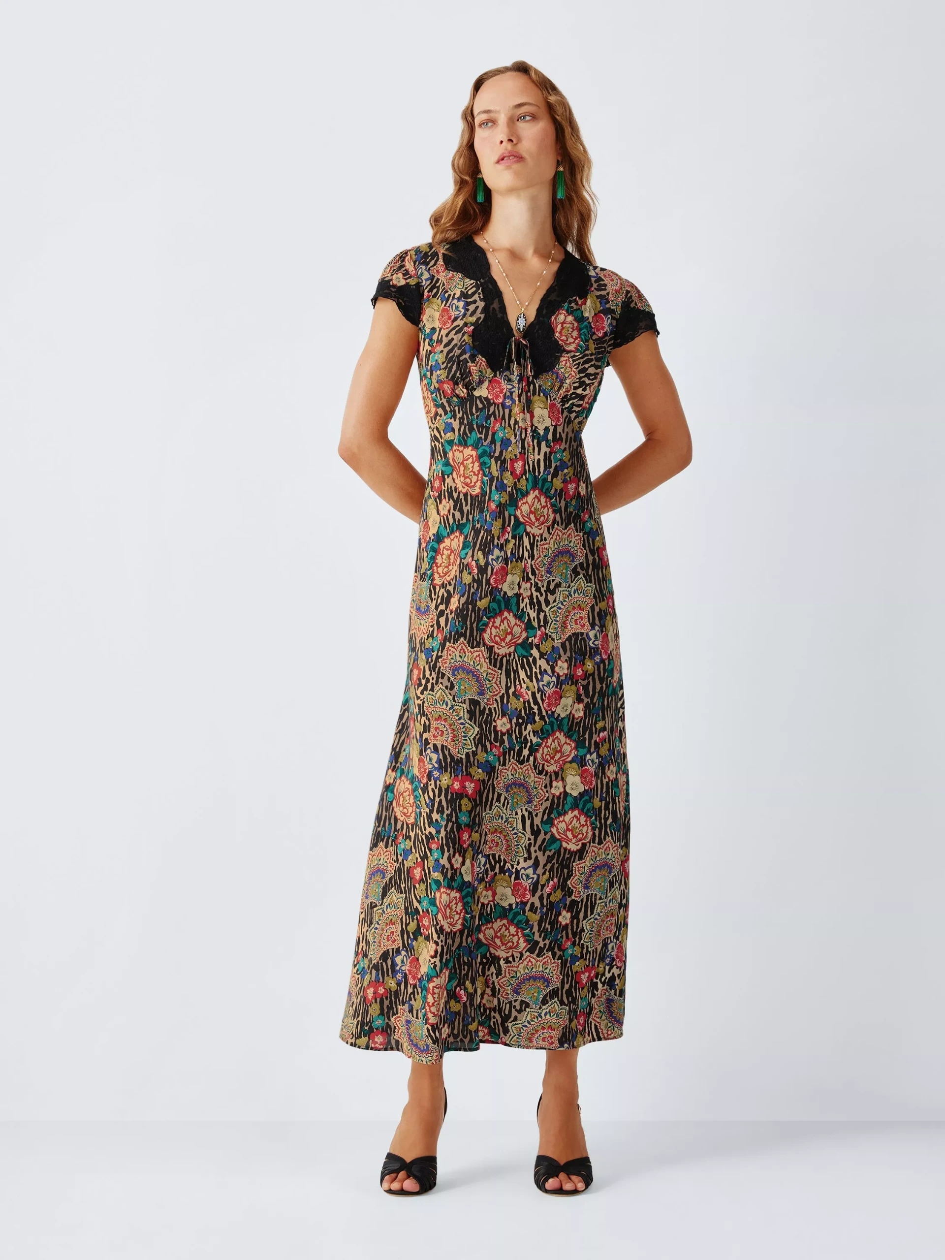 John Lewis X Rixo Amari Floral Leopard Print Midi Dress, Natural/multi