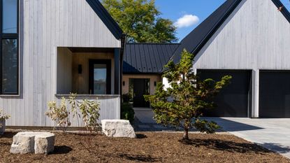 a low maintenance front yard with mulch and a tree