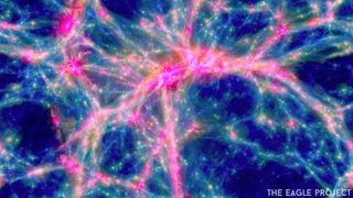 A visualization of the dark matter filaments in the cosmic web. Simulation produced by the EAGLE project.