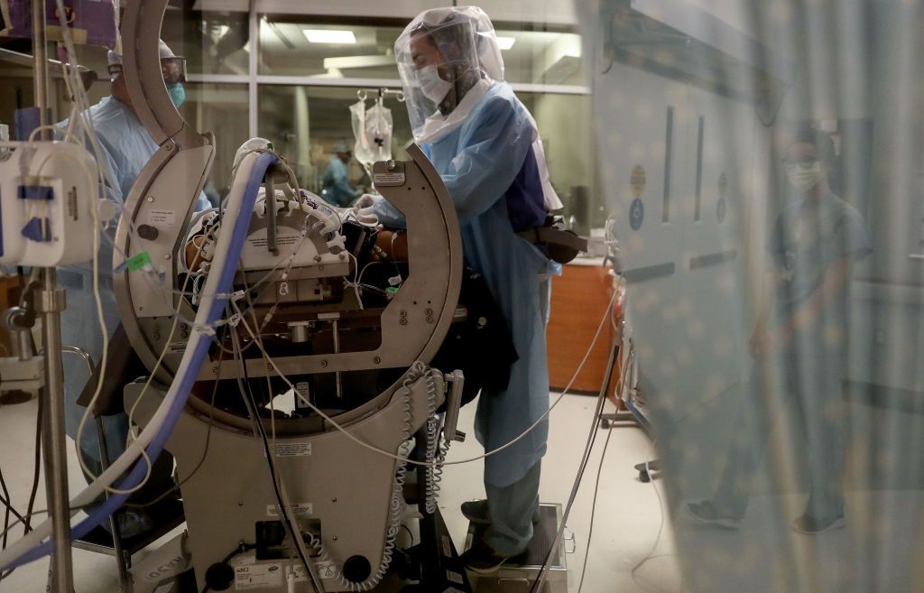 Nurses in a Southern California ICU room.