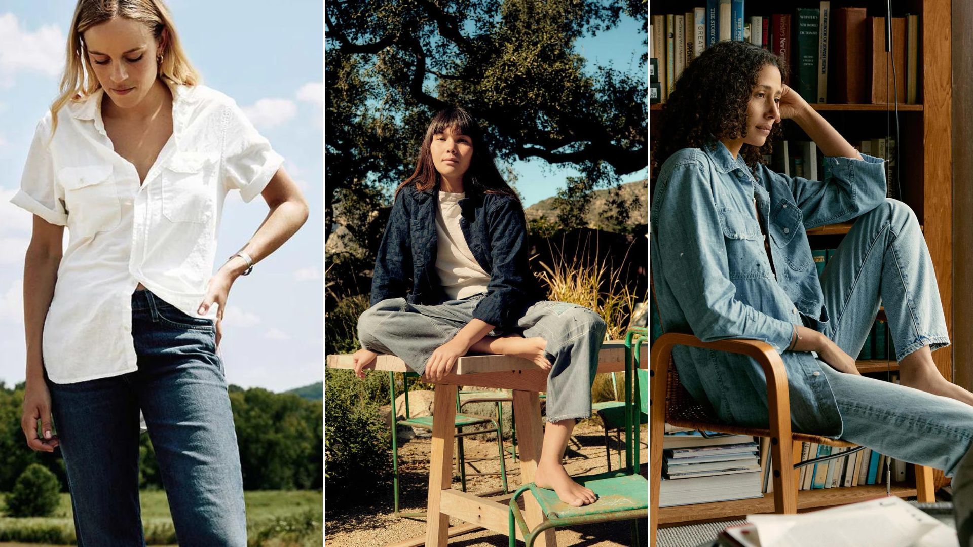 A composite of models wearing jeans made in the usa from imogene + willie