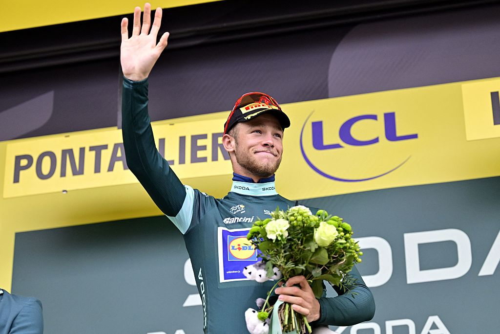 Italian Jonathan Milan of Lidl-Trek celebrates in the green jersey of leader in the points ranking after stage 20 of the 2025 Tour de France cycling race, from Nantua to Montpellier (185km), on Saturday 26 July 2025 in France. The 112th edition of the Tour de France starts on Saturday 5 July in Lille, France, and will finish in Paris, France on the 27th of July. BELGA PHOTO DIRK WAEM (Photo by DIRK WAEM / BELGA MAG / Belga via AFP)
