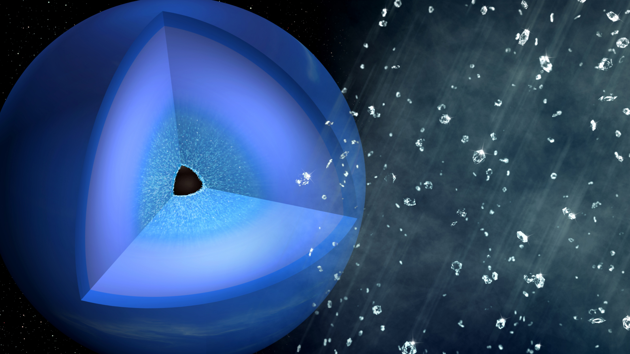 This illustration shows the rain of diamonds on Neptune.