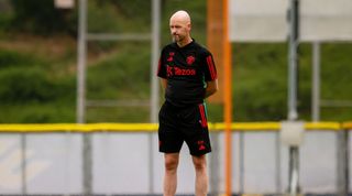 Manchester United manager Erik ten Hag looks on during a training session at Qualcomm Stadium on July 25, 2023 in San Diego, California.