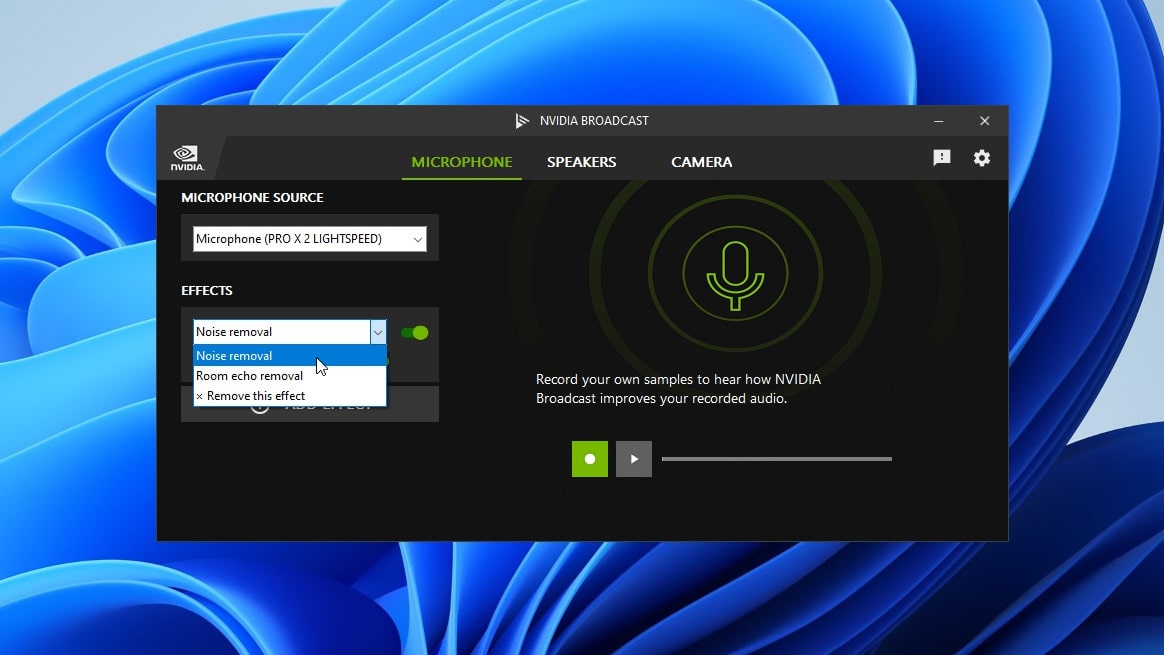 The microphone settings inside the Nvidia Broadcast app, with the noise removal effect selected from a dropdown menu.