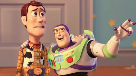 Buzz and Woody, the two heroes, one space man and the other a cow boy, from the Pixar/Disney animated classic franchise Toy Story. 