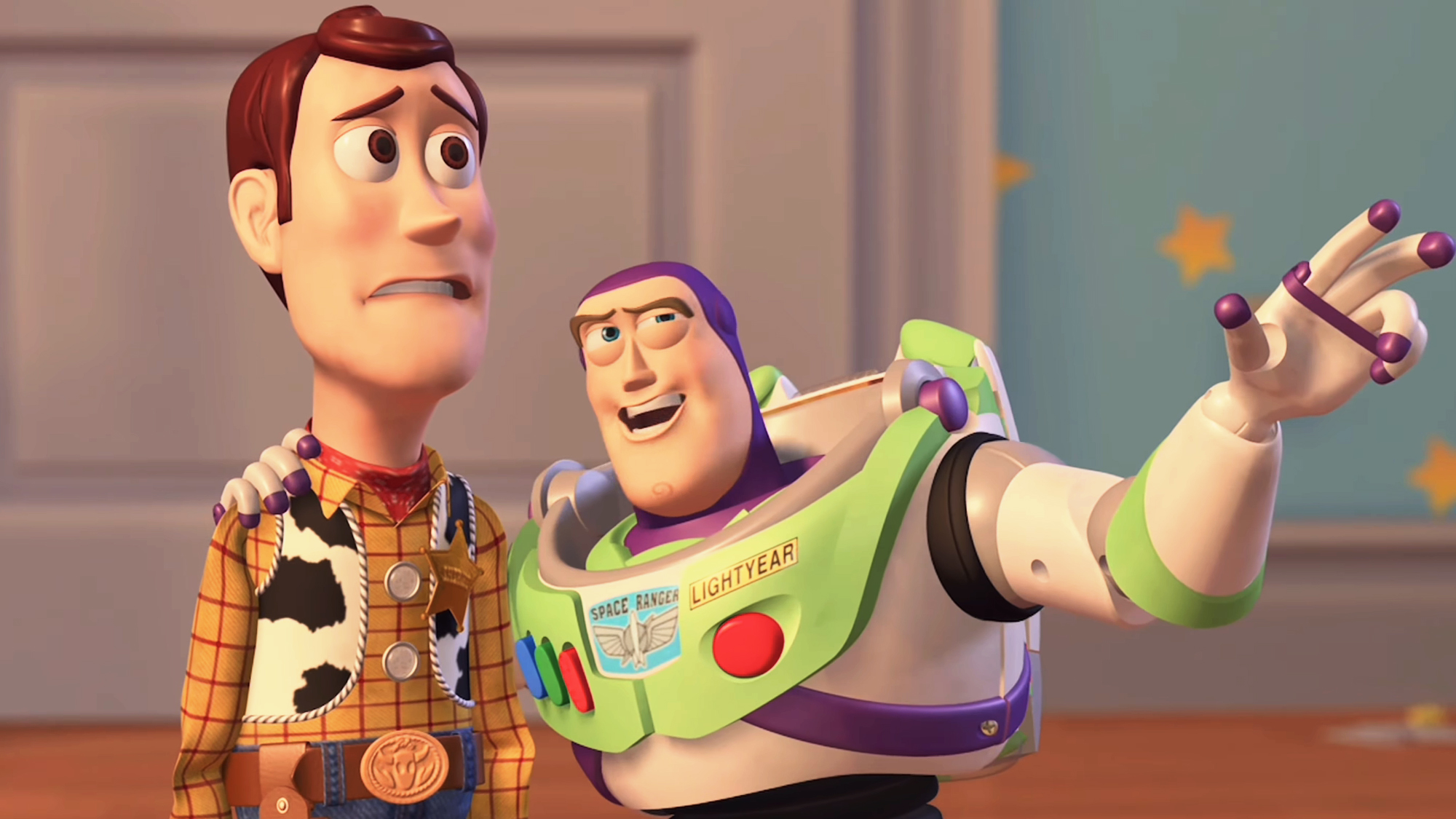 Buzz and Woody, the two heroes, one space man and the other a cow boy, from the Pixar/Disney animated classic franchise Toy Story. 