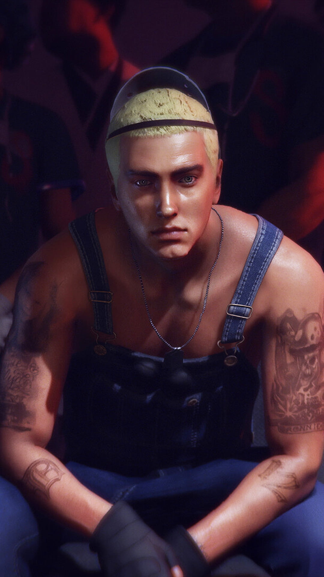 Eminem&#039;s Slim Shady persona wearing overalls and looking at the screen in Hitman 3