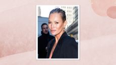 Image of Kate Moss with her hair scraped back into an updo and wearing a black tailored blazer, on a pink background