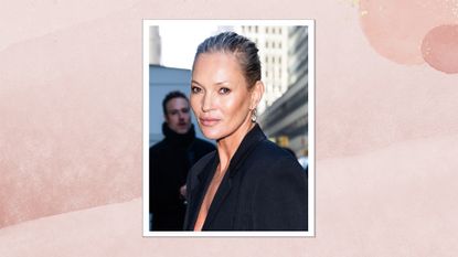 Image of Kate Moss with her hair scraped back into an updo and wearing a black tailored blazer, on a pink background