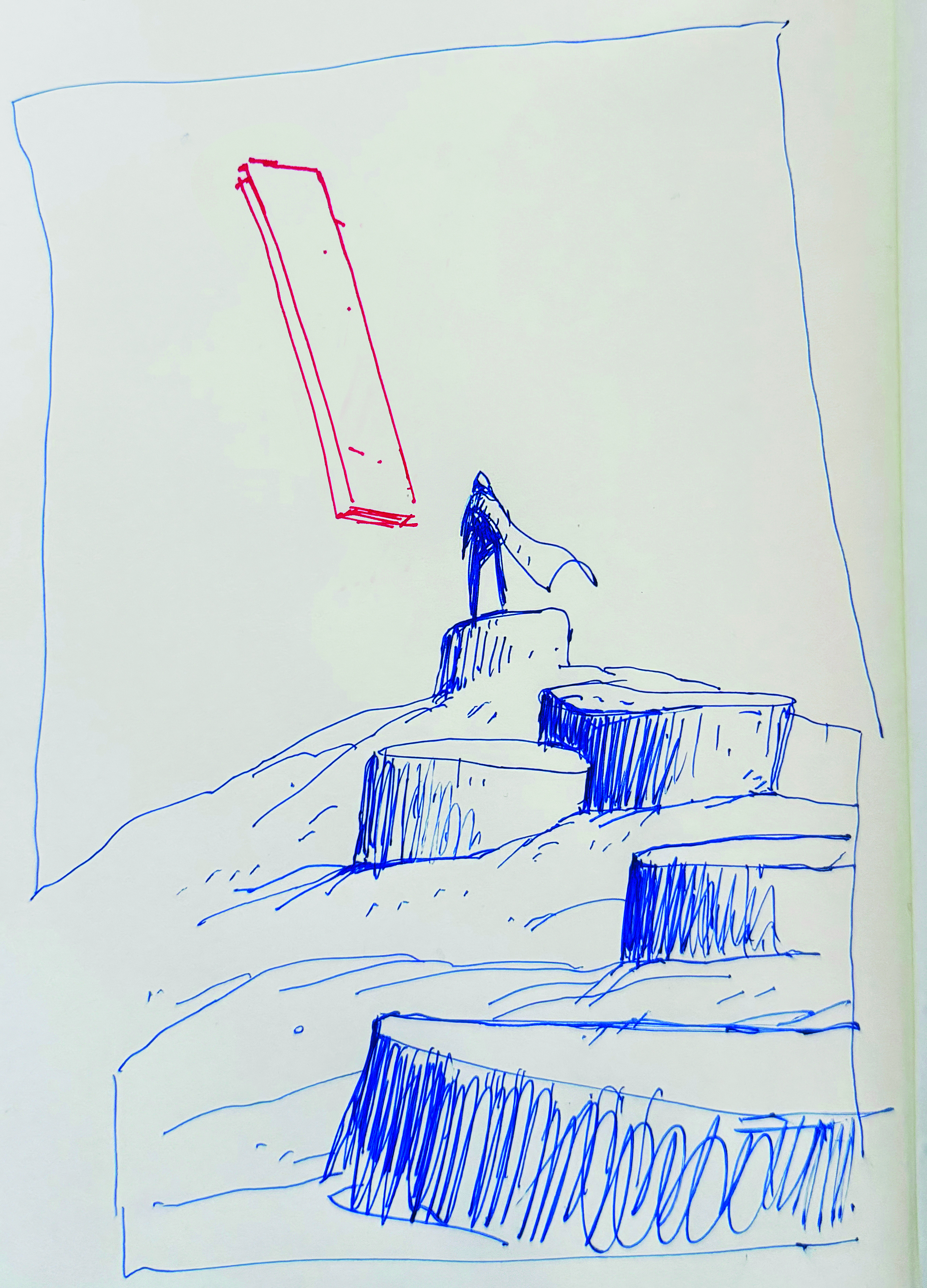 A rough pen sketch of a lone figure in a surreal dreamscape