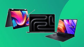 Acer/Apple/Asus products on green background