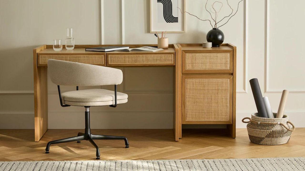 Wooden desk with white office chair