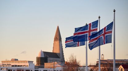 A view of the Hallgrimskirkja church, a national symbol of Iceland.