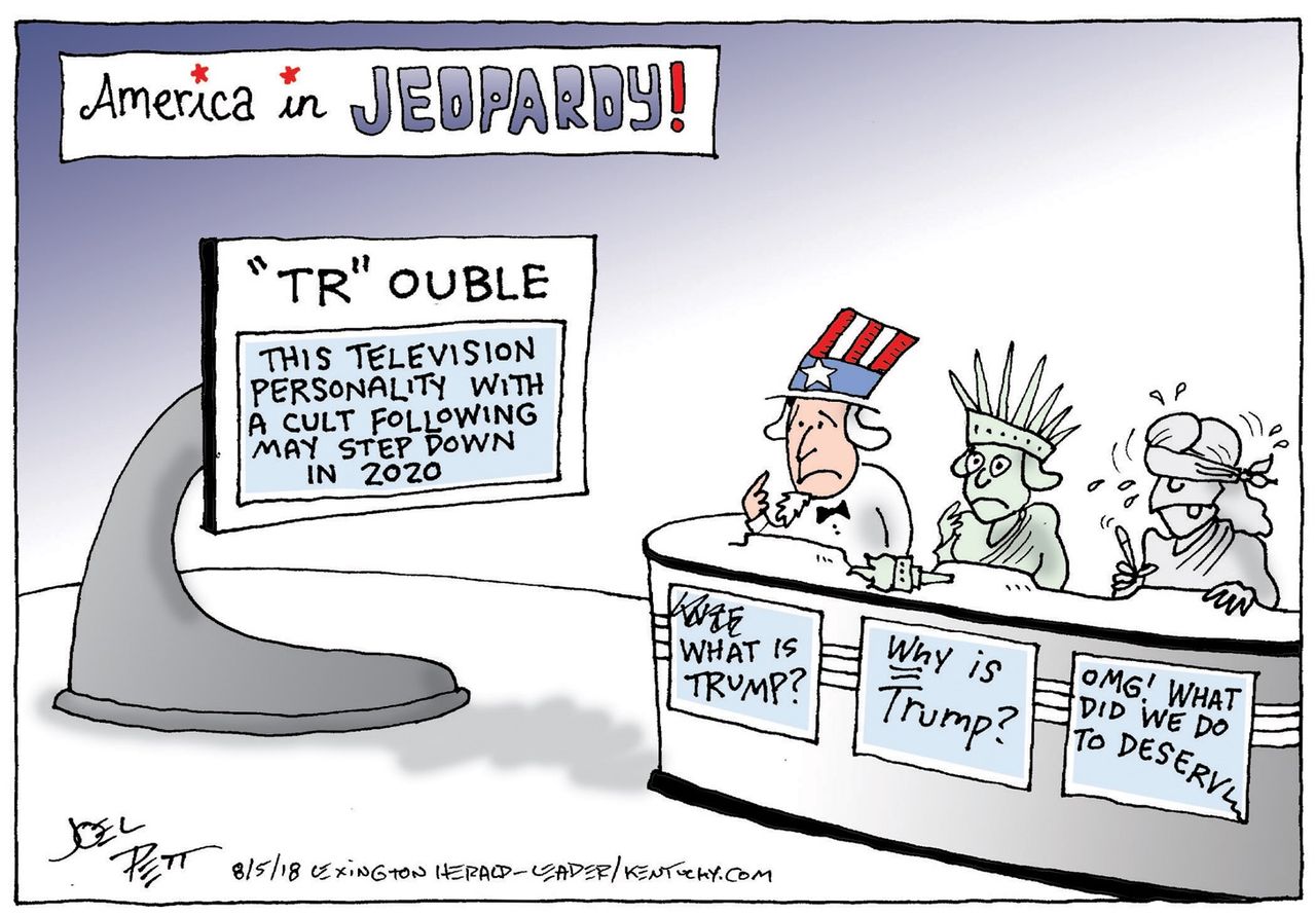 Political cartoon U.S. Trump jeopardy trouble television personality 2020