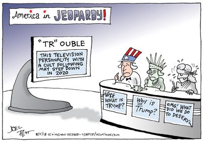 Political cartoon U.S. Trump jeopardy trouble television personality 2020