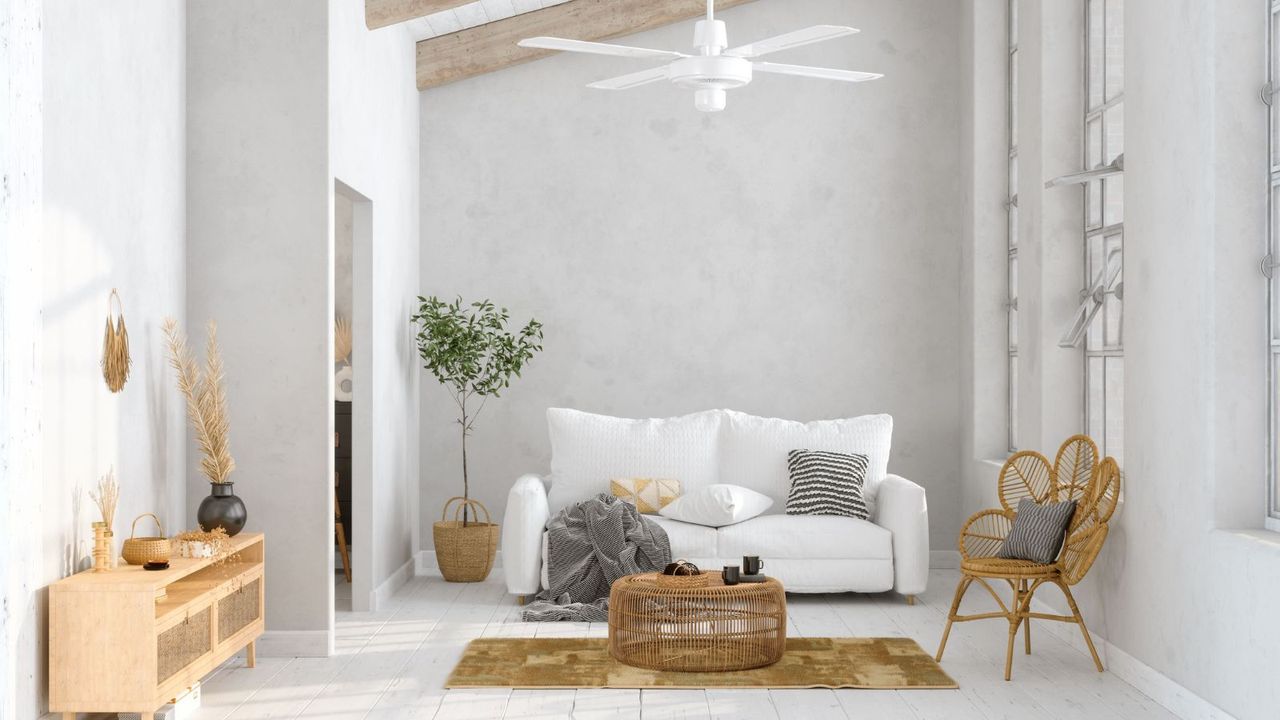 White minimalist living room, wooden cabinet and chair