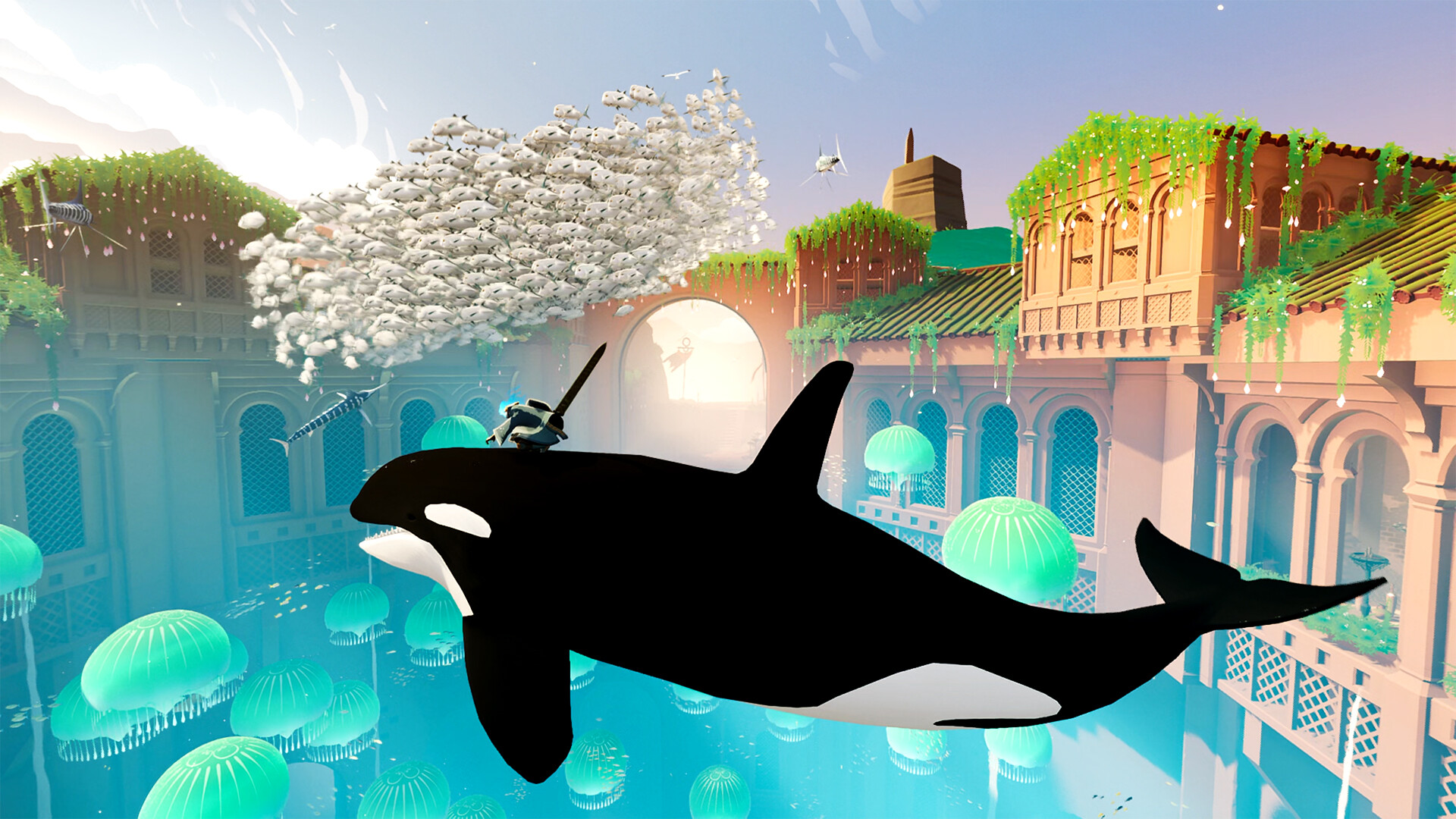 A digital art scene featuring an orca swimming through a surreal underwater cityscape. Sheltered by arched buildings with greenery, jellyfish float nearby.