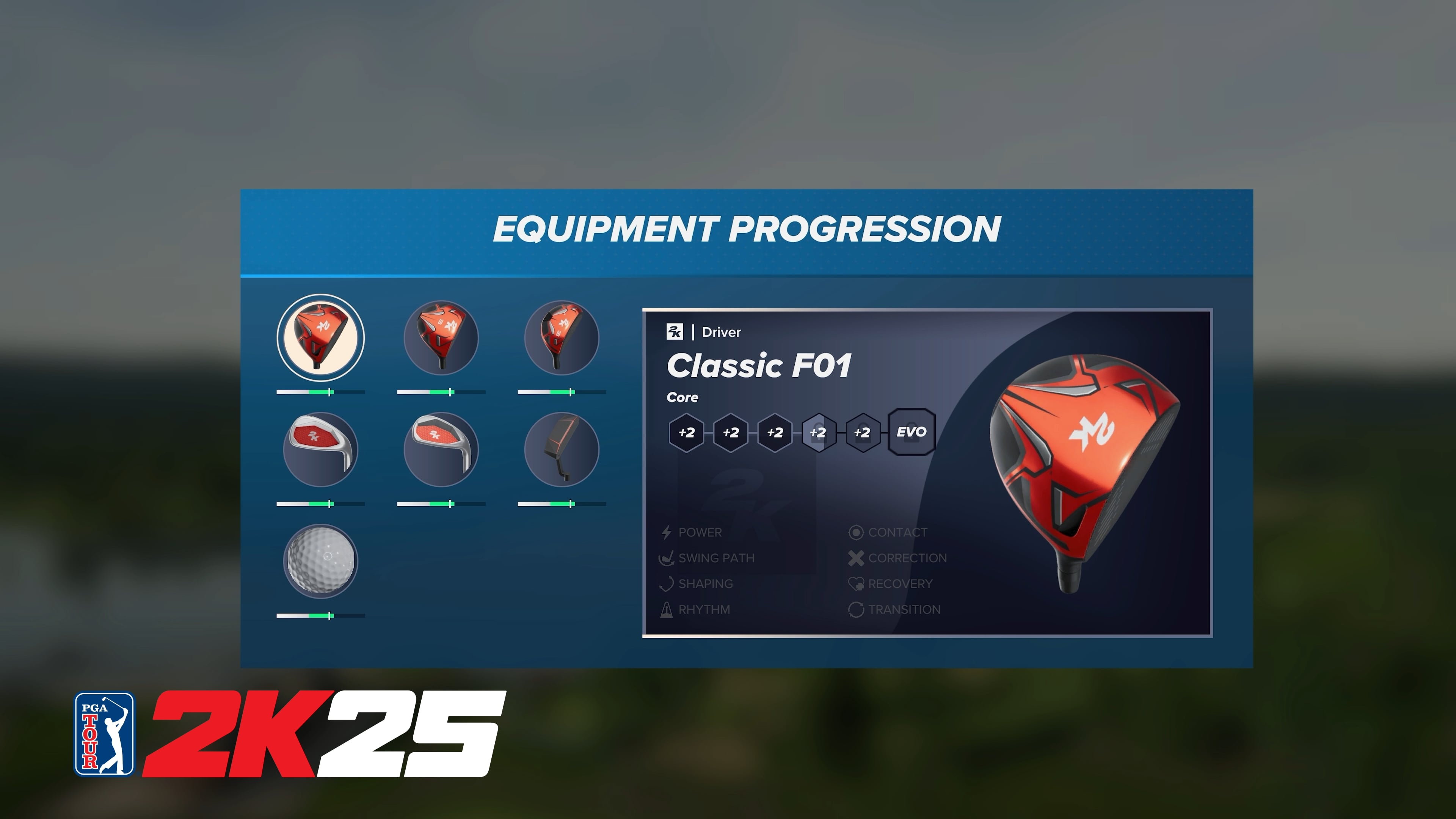 A close up of equipment progression from PGA Tour 2K25