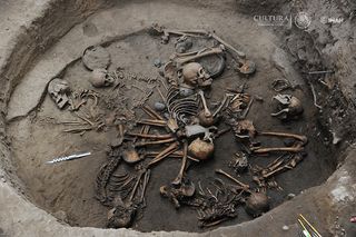 Archaeologists in Mexico City have discovered the burial of 10 skeletons arranged in a spiral, with two of the skeletons showing intentional skull deformation.