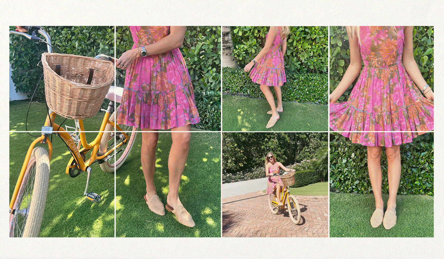 Lilly Sisto Wearing Floral Dress and Raffia Mules Riding Bike