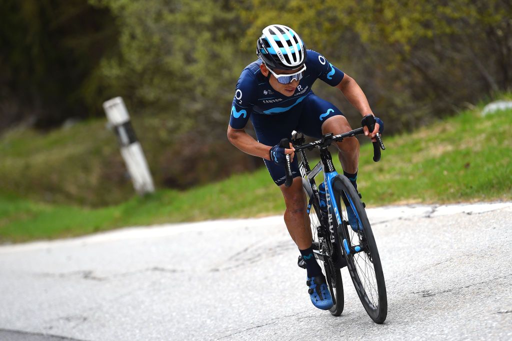 ZINAL VAL DANNIVIERS SWITZERLAND APRIL 30 Einer Augusto Rubio Reyes of Colombia and Movistar Team attacks in the final climb during the 75th Tour De Romandie 2022 Stage 4 a 1801km stage from Aigle to Zinal Val dAnniviers 1664m TDR2022 on April 30 2022 in Zinal Val dAnniviers Switzerland Photo by Dario BelingheriGetty Images