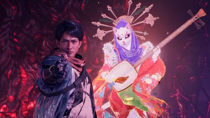 Takasugi Shinsaku meets the player in Nioh 3, pointing a gun while a colorful yokai spirit floats behind him, cropped to give a closer view of the characters