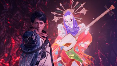Takasugi Shinsaku meets the player in Nioh 3, pointing a gun while a colorful yokai spirit floats behind him, cropped to give a closer view of the characters