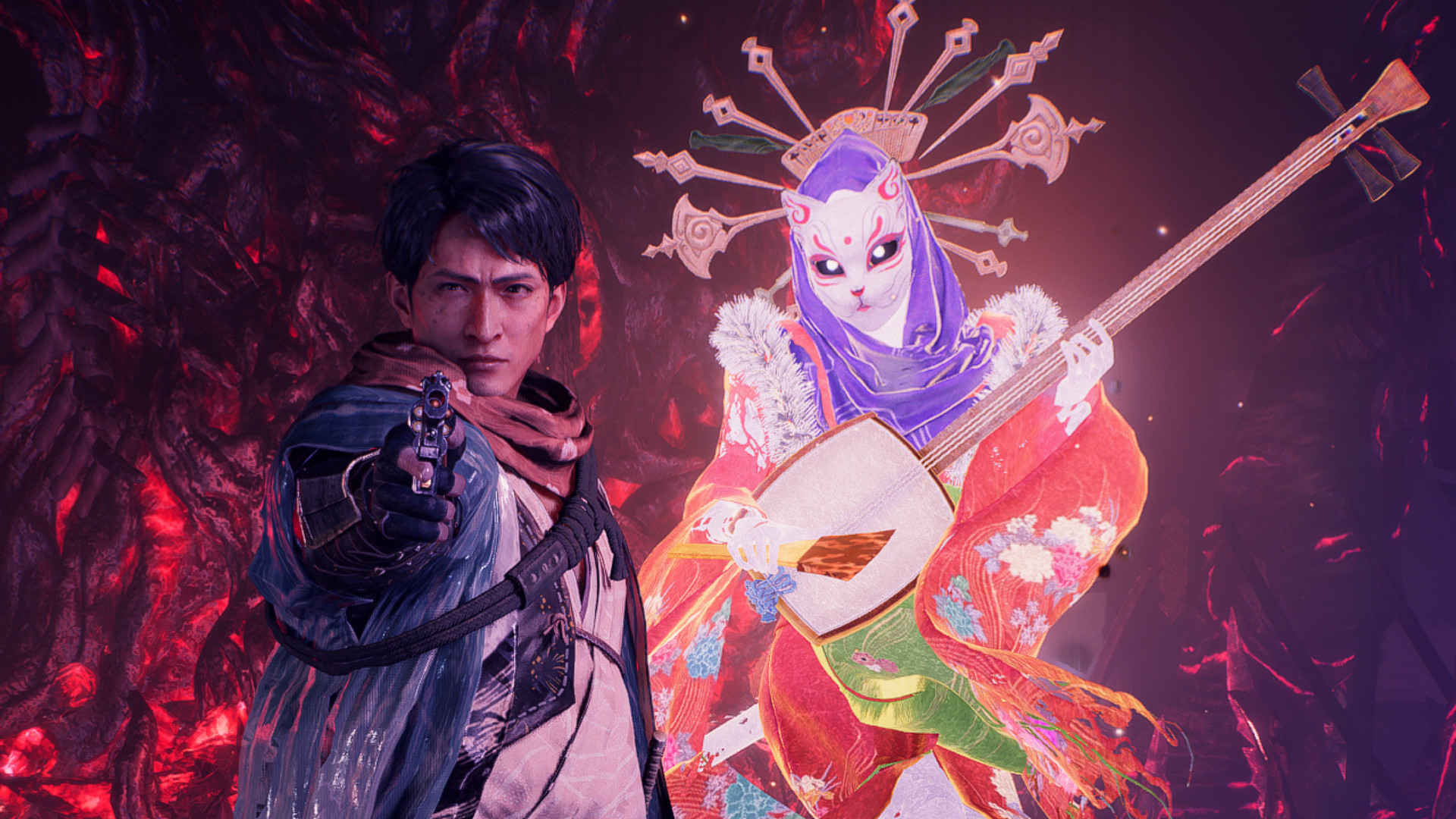Takasugi Shinsaku meets the player in Nioh 3, pointing a gun while a colorful yokai spirit floats behind him, cropped to give a closer view of the characters