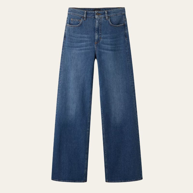 A cutout of dark blue wide leg jeans