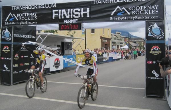 Rocky Mountain Factory Team duo Stefan Widmer and Marty Lazarski cross the line in Fernie