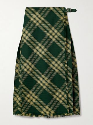 Pleated Checked Wool Midi Wrap Skirt