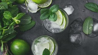 Non-alcoholic mojitos in glasses with ice and lime wedges with mint