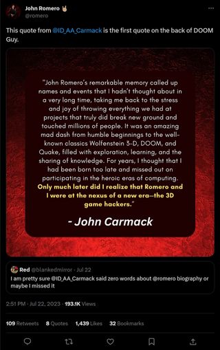 This quote from @ID_AA_Carmack is the first quote on the back of DOOM Guy.