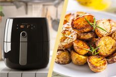 a split template showing an air fryer and a bowl of roast potatoes
