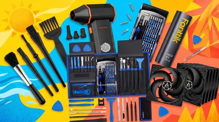 A selection of PC cleaning components on a summer-themed background