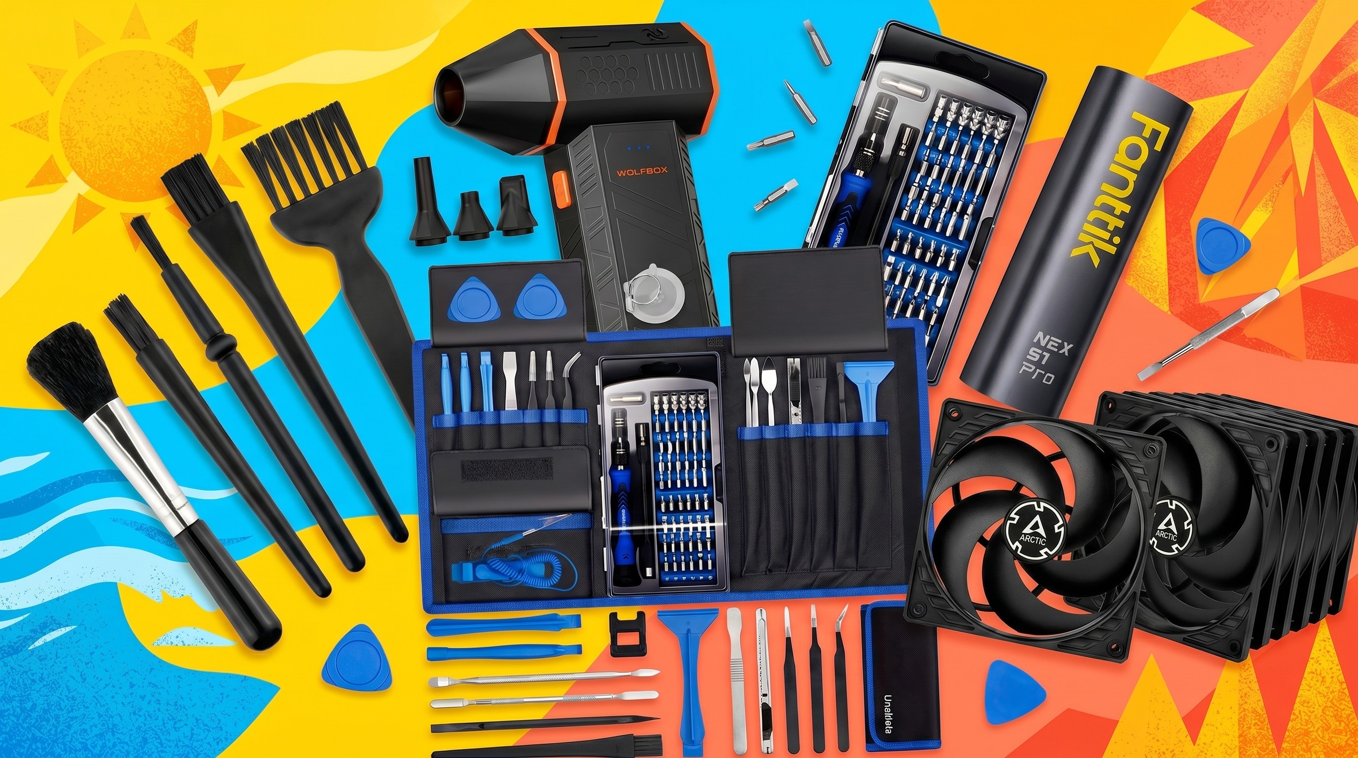 A selection of PC cleaning components on a summer-themed background