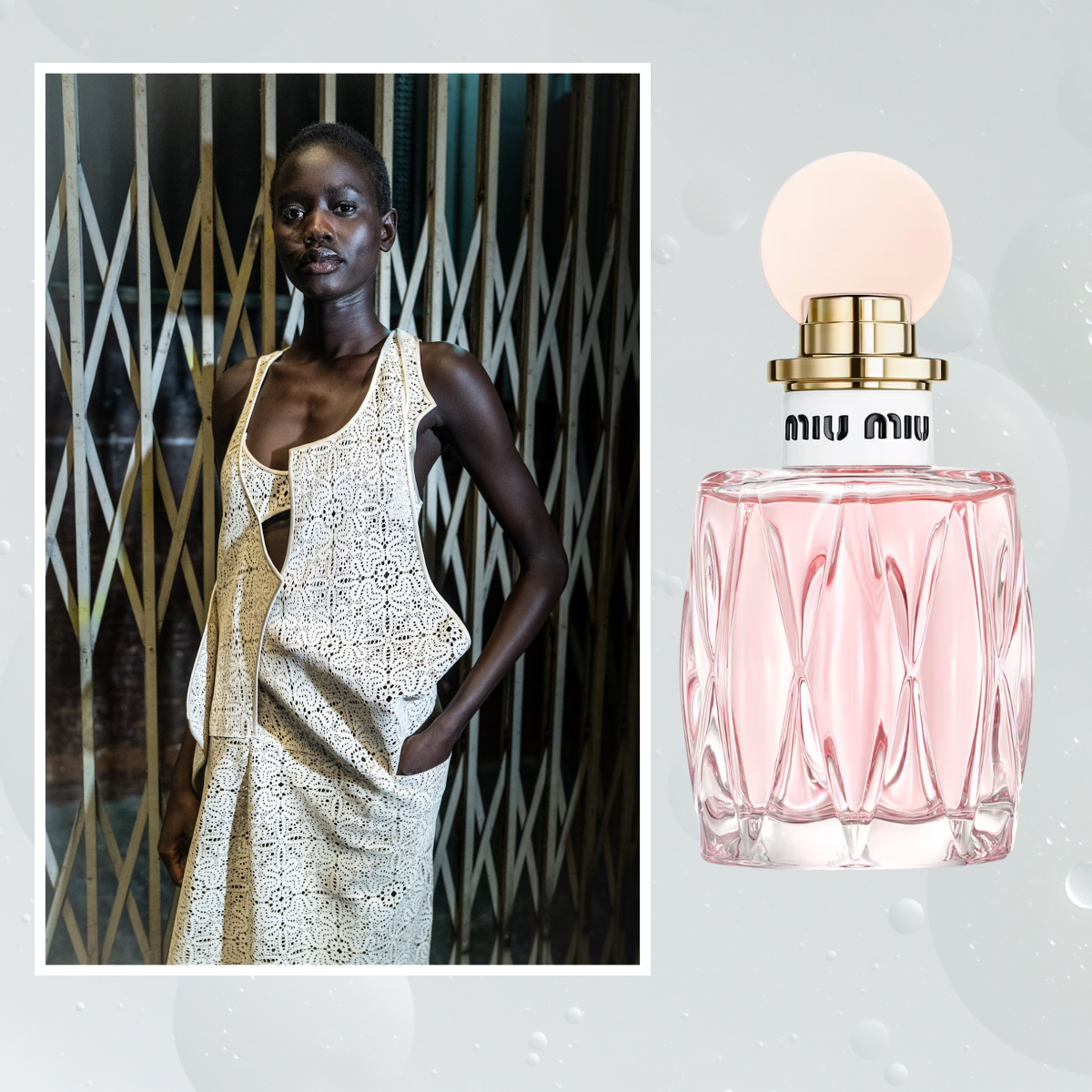 A woman wearing a white cut-out two piece next to a bottle of perfume 