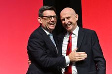 Prime Minister Andy Burnham (L) and Chancellor of the Exchequer John Healey (R) attend the second day of the Labour Party Conference in Liverpool, United Kingdom on September 28, 2026.