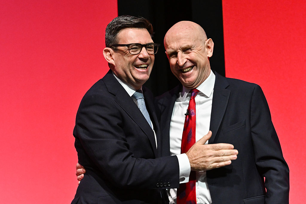 Prime Minister Andy Burnham (L) and Chancellor of the Exchequer John Healey (R) attend the second day of the Labour Party Conference in Liverpool, United Kingdom on September 28, 2026.