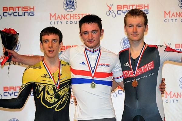 Men's points race podium (l-r): Simon Yates (Maxgear RT), George Atkins (100% ME) and Mark Christian (100% ME).